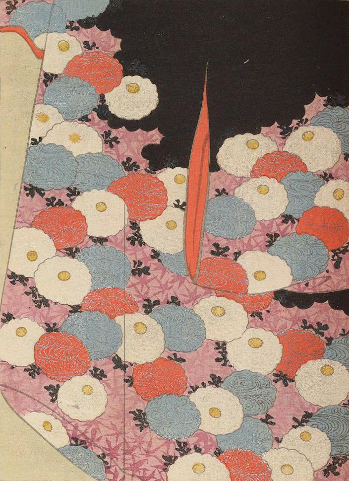 Close-up of a traditional Japanese kimono with a floral pattern against a dark background, featuring a long, narrow red object.