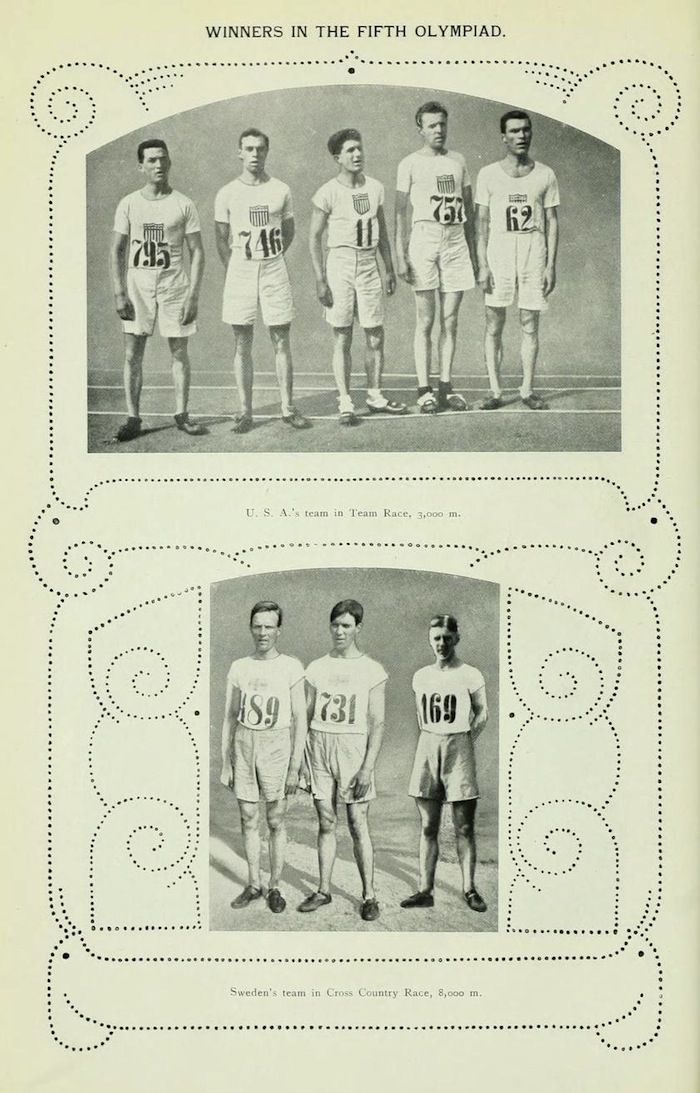 Black and white photograph of the U.S. and Sweden teams from the Fifth Olympiad, showcasing their uniforms and numbers.