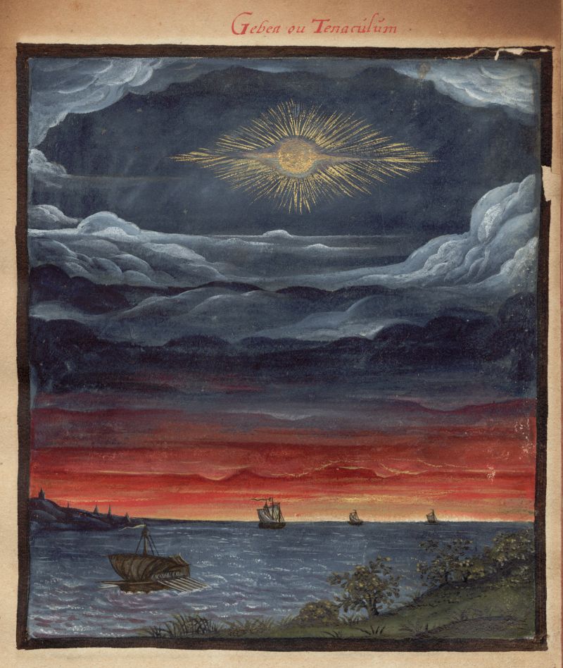A painting of a seascape with a radiant sun breaking through stormy clouds, several ships on the water, and a coastline in the distance.