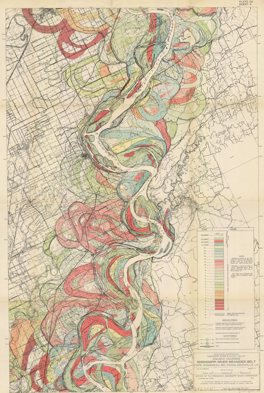 Vintage map of the Mississippi River, showing its course through Arkansas, Louisiana, and Missouri, with color-coded land features and a detailed legend.
