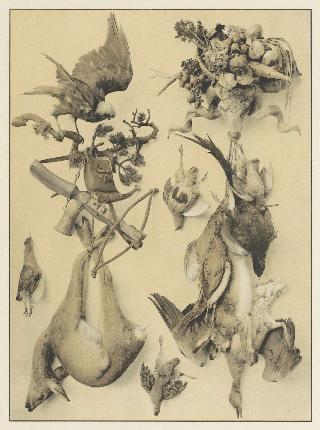 A sepia-toned still life featuring dead game birds, a crossbow, and various fruits and vegetables arranged in a chaotic yet deliberate manner.