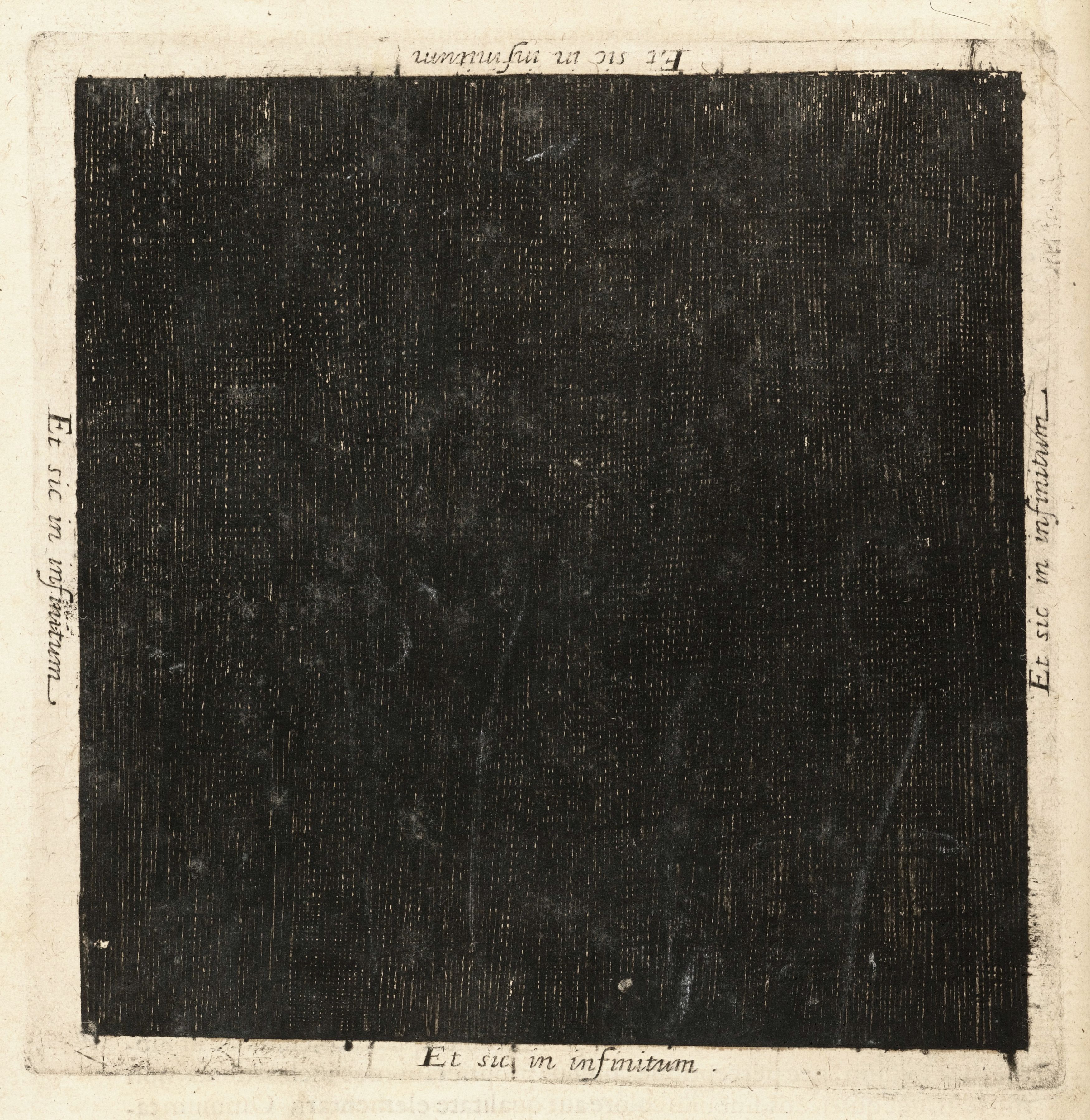 A historical print with a black textured field and Latin inscriptions around the perimeter.