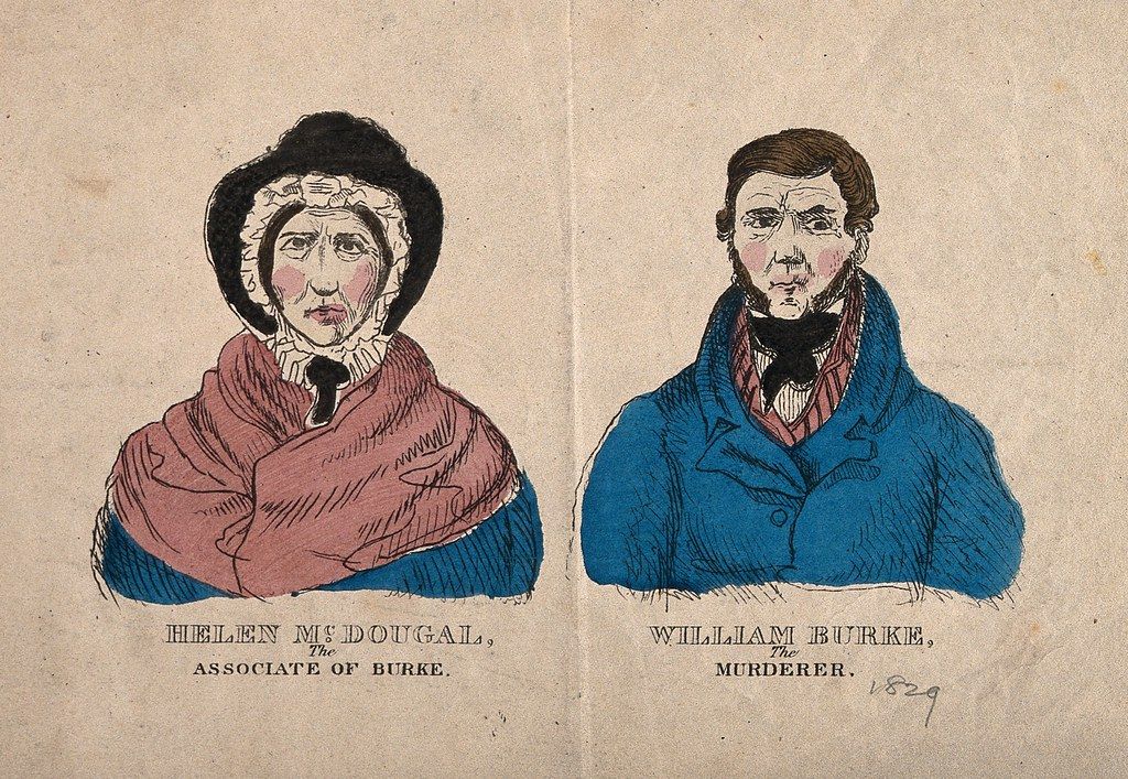 Two portraits of Helen McDougall and William Burke, labeled as associate and murderer respectively, with the date 1829.