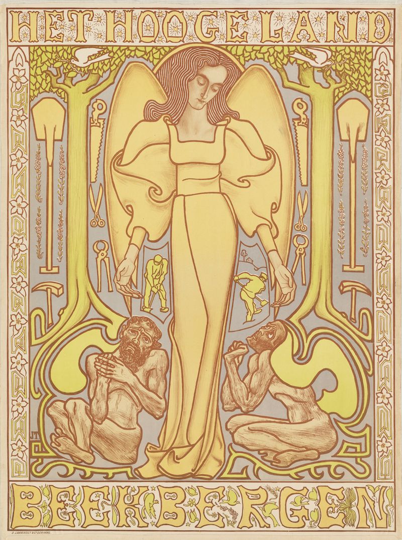 A vintage poster with a central angel figure surrounded by tools and men, framed by an ornate border. The text 'HET HOOGELAND' and 'BEERBERGEN' are visible at the top and bottom respectively.