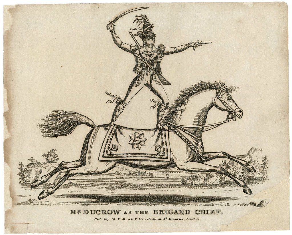 Vintage engraving of Mr. Ducrow as the Brigand Chief on horseback.