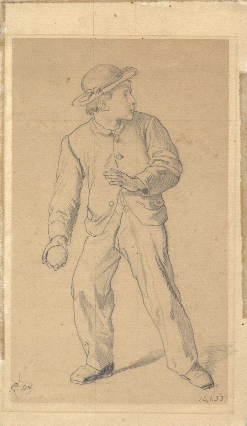 Pencil sketch of a young boy in a cap and baggy trousers, holding a ball and gesturing with his outstretched hand.