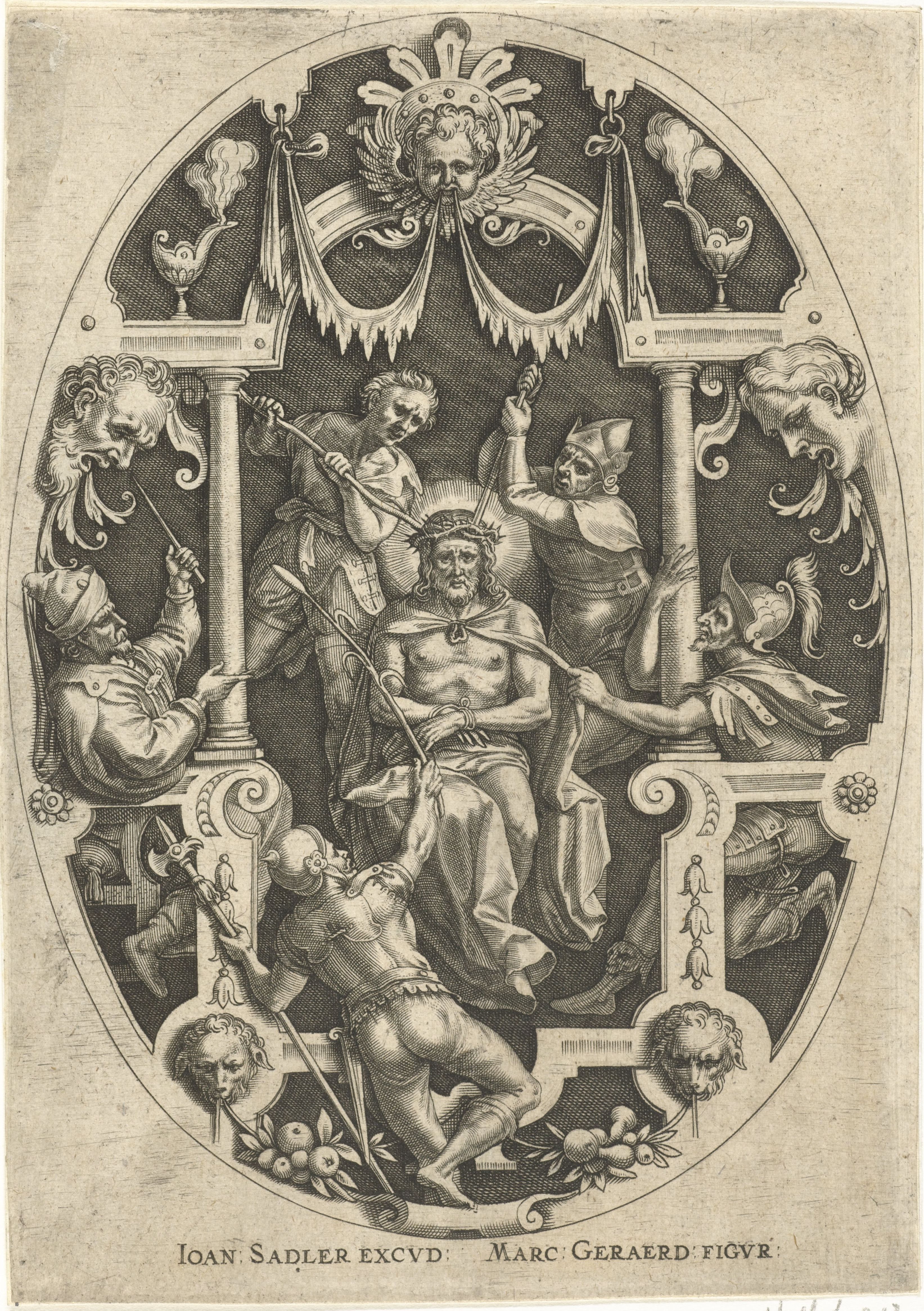 A black and white engraving depicting a dramatic scene with a central figure wearing a crown of thorns, surrounded by tormentors and framed by ornate architecture.