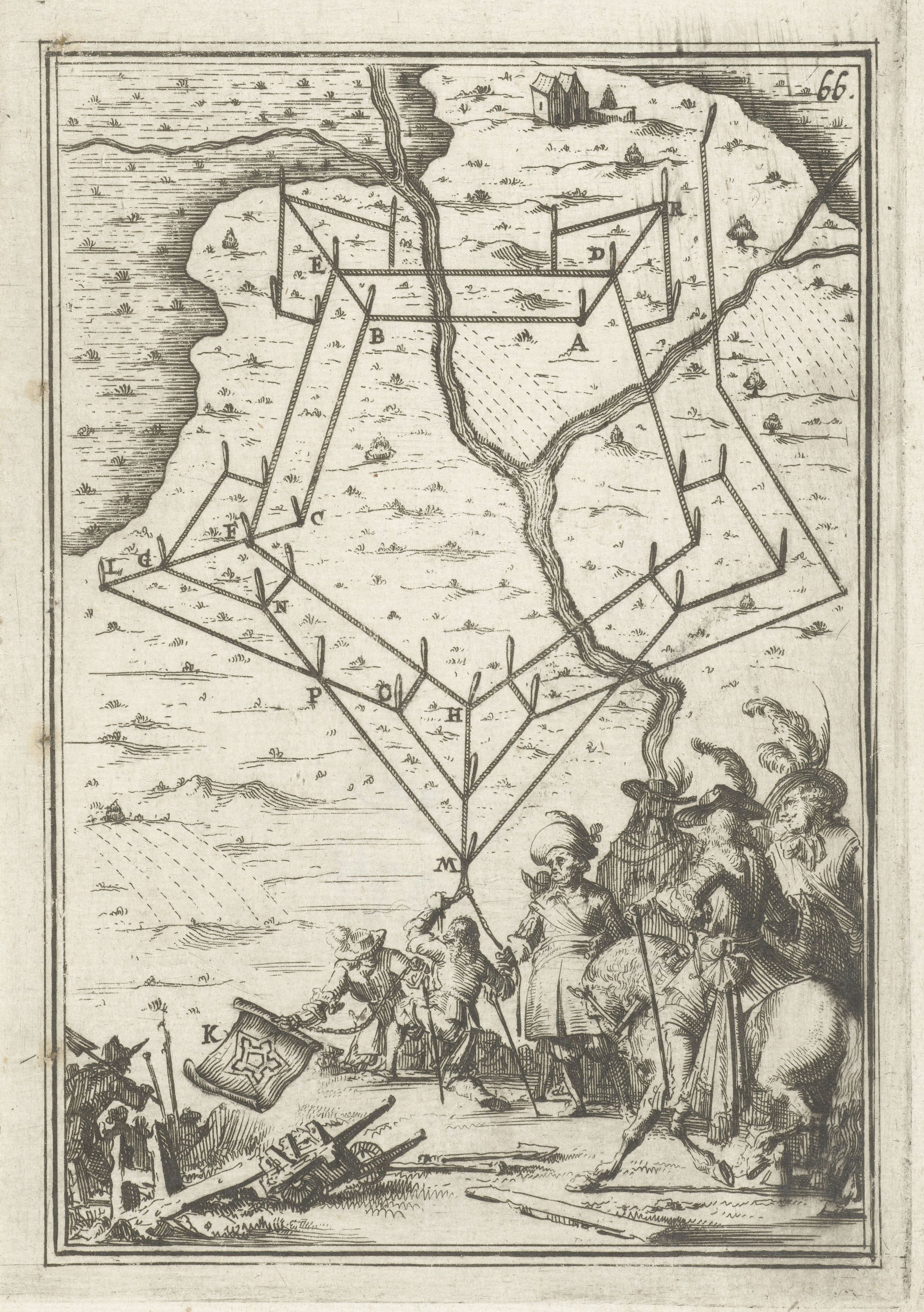 A detailed black and white engraving depicting a complex diagram overlaid onto a landscape with people gathered around a fire.