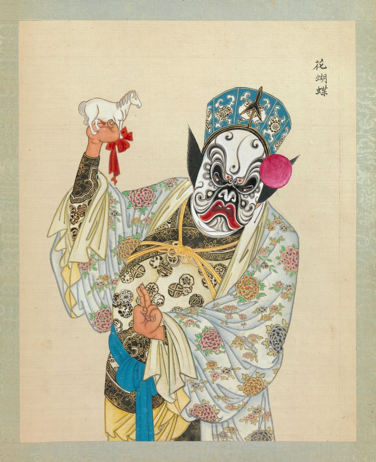 A painting of a Chinese opera performer in elaborate costume and mask, holding a small horse figure.
