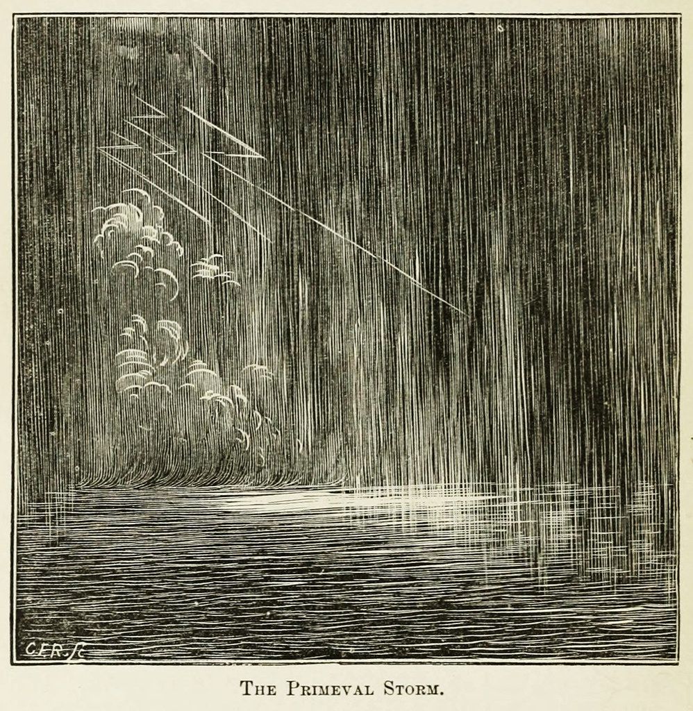 A black and white woodcut-style illustration titled 'The Primeval Storm'. The image depicts a dramatic, turbulent scene of a storm over water.