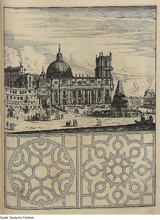 Vintage black and white engraving of a grand basilica with a dome and bell tower, surrounded by a bustling square and a decorative geometric border.