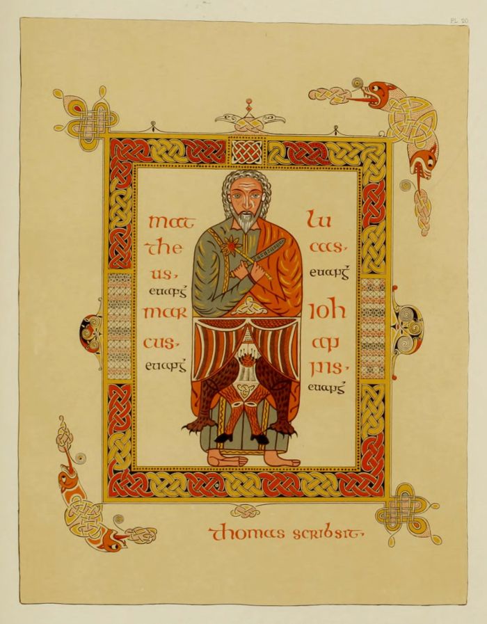 Illuminated manuscript page with a full-length figure of a man holding a book, surrounded by an elaborate border and text.