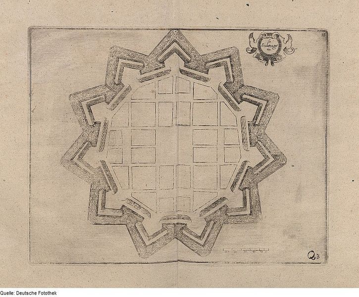 A vintage drawing of a star-shaped fortification with a grid-like interior and decorative ornament in the upper right corner.
