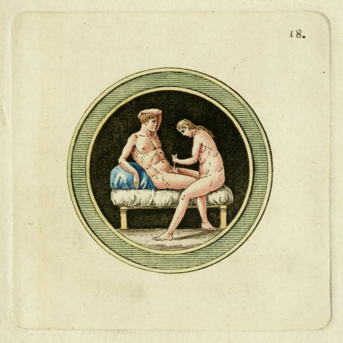 Vintage illustration of two nude figures on a couch, within an oval frame.