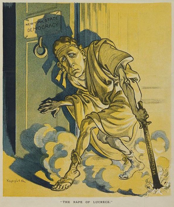 Political cartoon titled "The Rape of Lucrece" depicting a man labeled "Sound Money" being dragged through a doorway by "New York State Democracy" while clutching "Yellow Journalism."