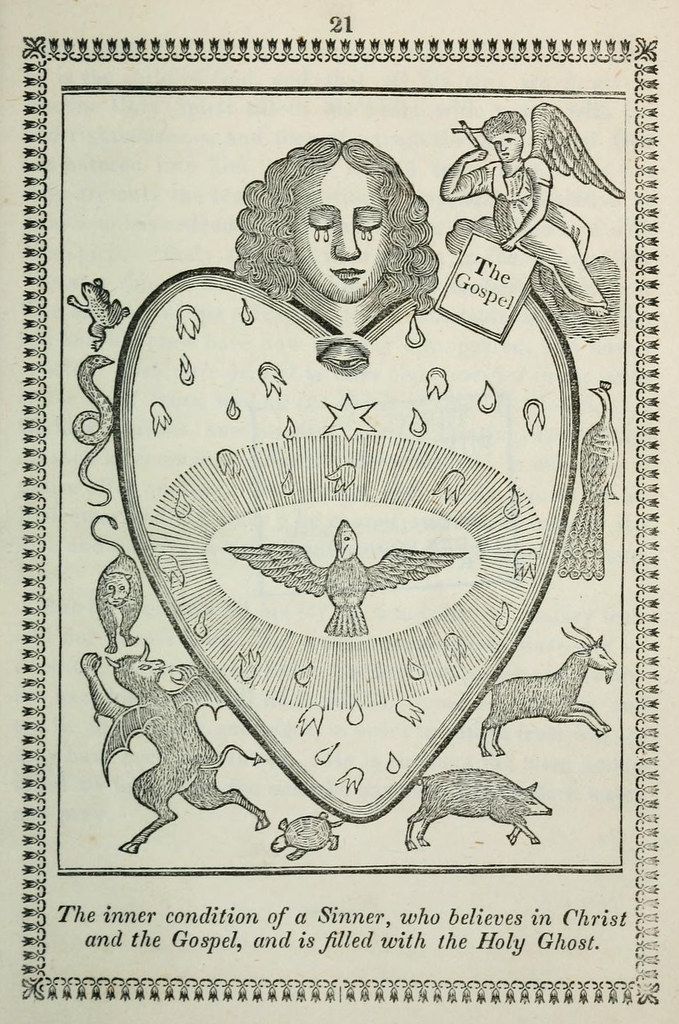 A vintage woodcut illustration depicting a heart-shaped frame containing a complex allegorical scene with a human head, a dove, various animals, and symbolic elements. The caption reads: 'The inner condition of a Sinner, who believes in Christ and the Gospel, and is filled with the Holy Ghost.'