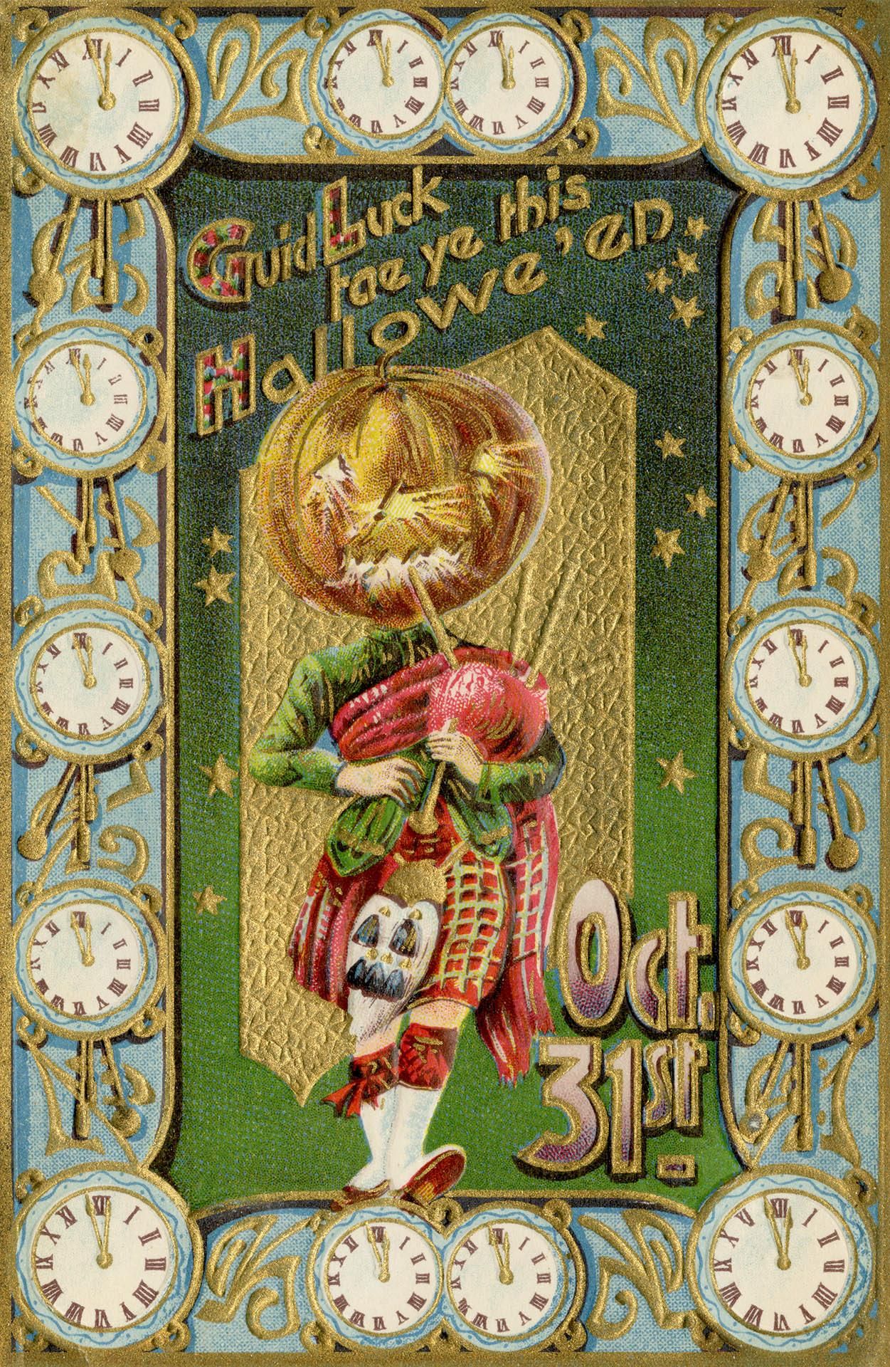 Vintage Halloween postcard with a harlequin playing a flute in front of a pumpkin, framed by clocks and decorative borders.