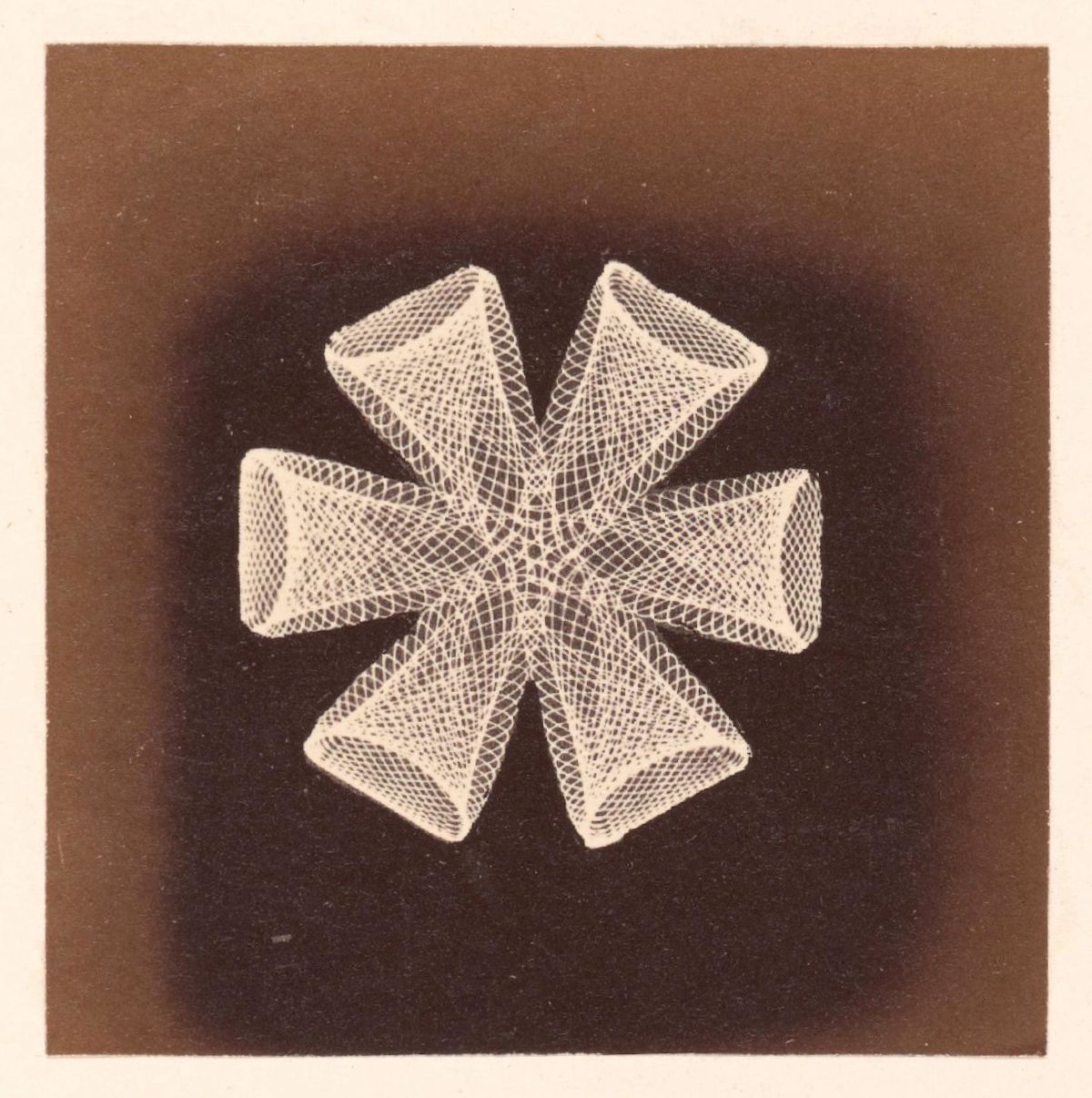 Sepia-toned photograph of a complex geometric pattern with radial symmetry, resembling a star or flower with six elongated petals made of intersecting lines.