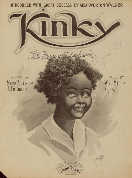 Vintage sheet music cover for the song "Kinky", featuring a charcoal illustration of a Black woman with curly hair and a wide smile.