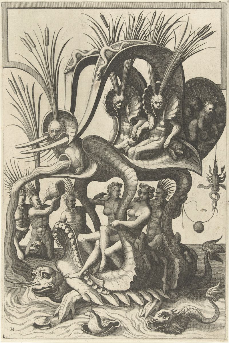 A black and white engraving depicting a chaotic scene with a large, monstrous creature surrounded by human figures and other mythical beings in a watery environment.