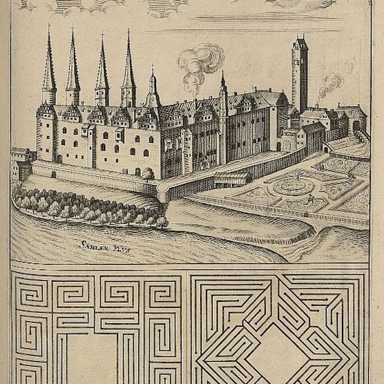 Vintage engraving of a castle complex by a river, framed by geometric patterns.