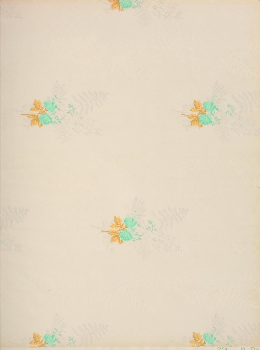 Close-up of a beige fabric with a repeating turquoise-green and golden-yellow floral pattern.