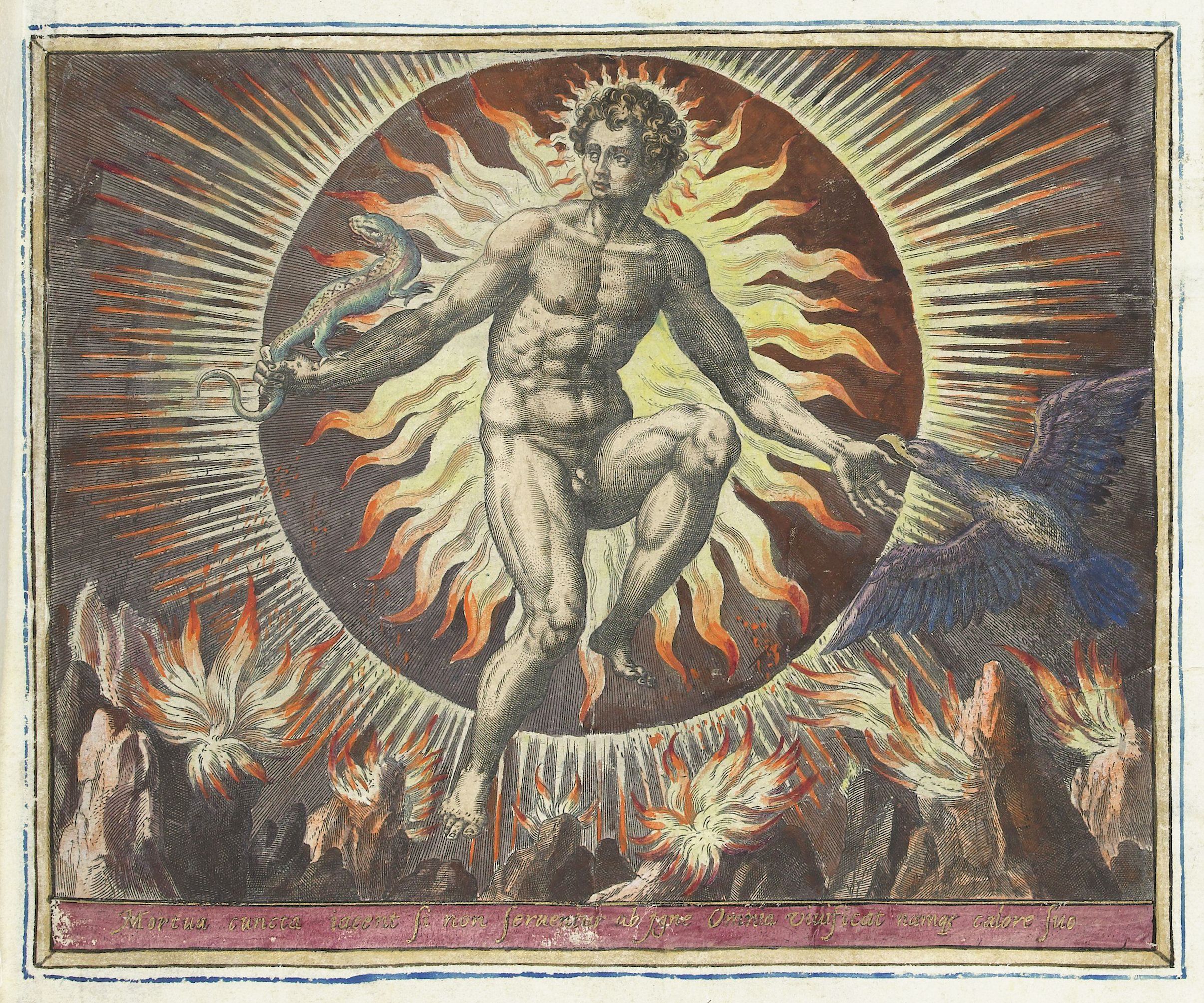 An engraving of a nude male figure holding a snake, standing before a fiery sun and an eagle.
