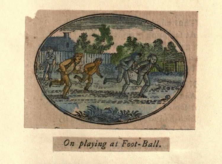 Vintage illustration of people playing football in a field with trees and buildings in the background. The text 'On playing at Foot-Ball' is printed below the image.
