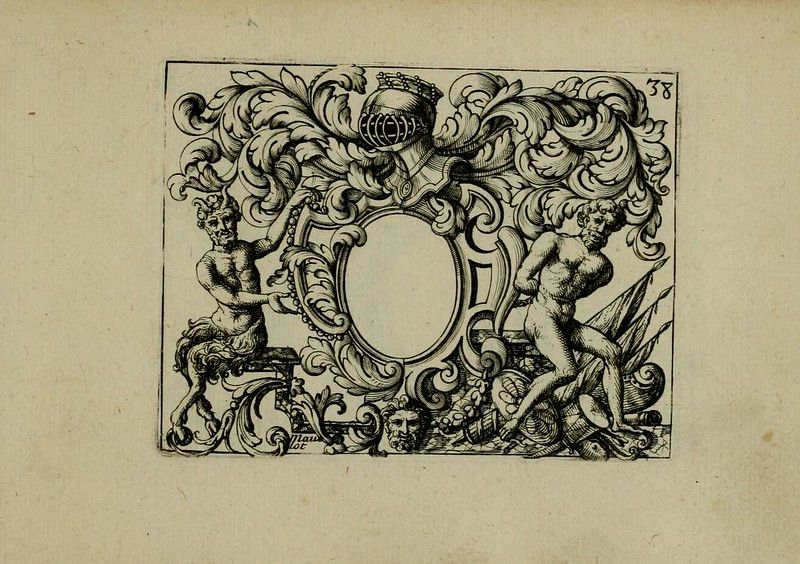 A detailed black and white engraving of an ornate frame with a satyr and a cherub.