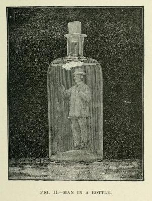 A vintage illustration of a man inside a bottle, enclosed within a cage-like structure.