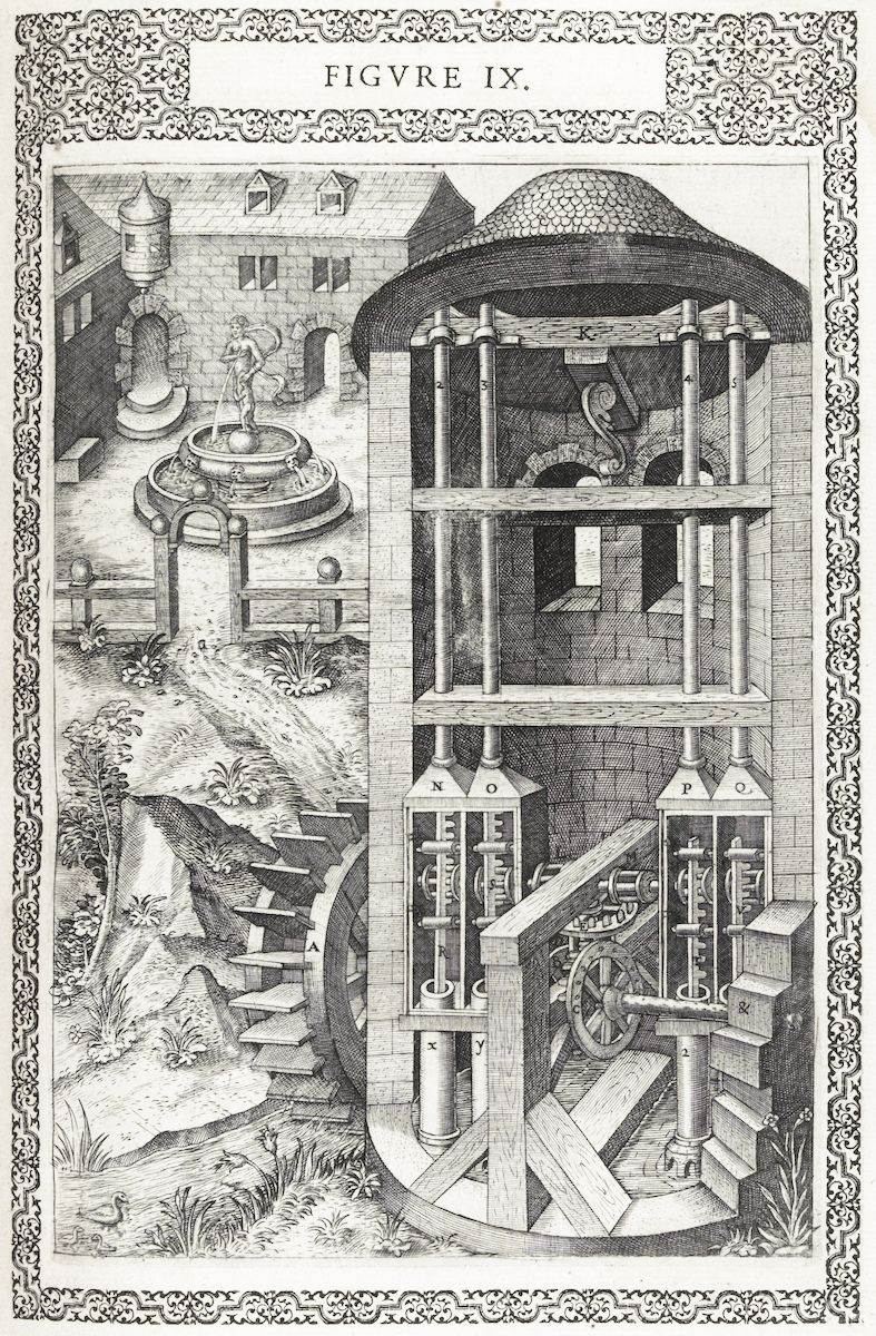 A detailed black and white engraving titled 'FIGURE IX' depicting a complex water-powered machinery system within a landscape setting.