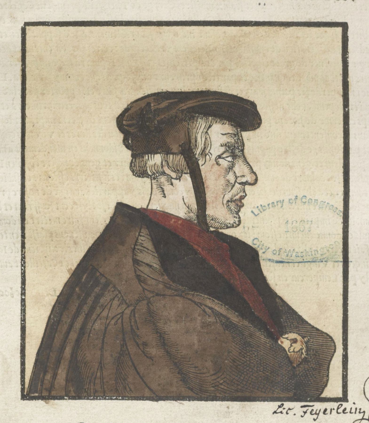 Vintage ink drawing of a man in profile wearing a hat and coat.