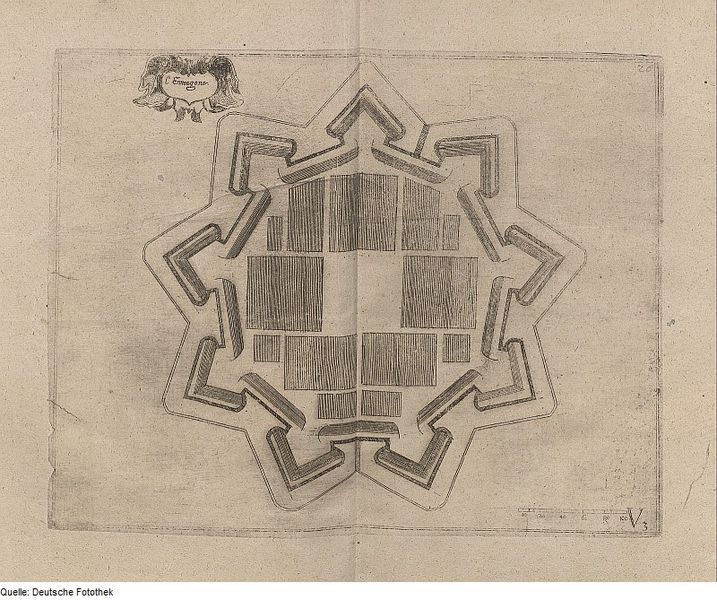 Vintage map of a star-shaped fortification surrounding a city.