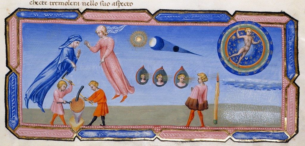 A medieval manuscript illumination depicting a spiritual ascension with celestial elements and figures.