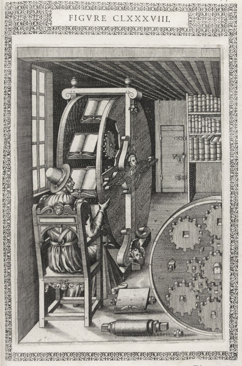 A detailed black and white engraving depicting a complex mechanical device operated by two figures in a workshop.