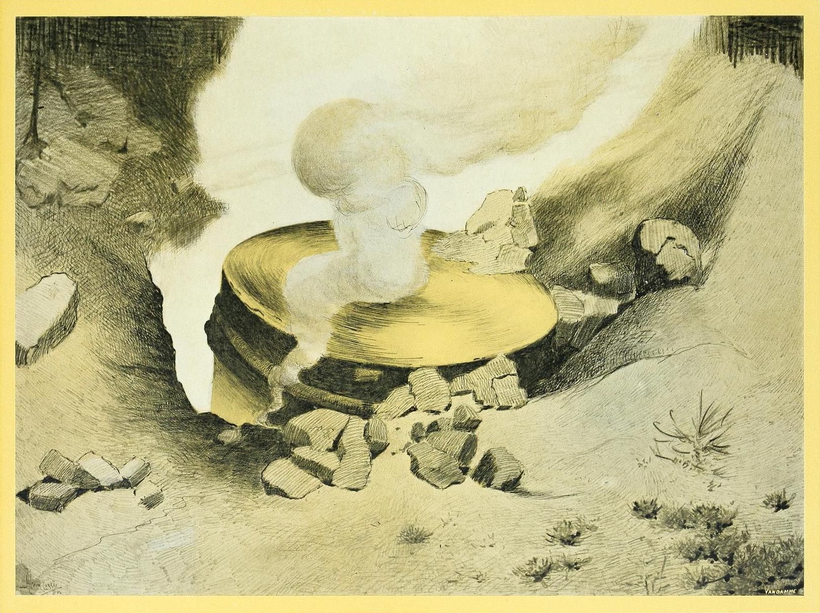 A vintage illustration of a pot over a fire in a rustic outdoor setting.