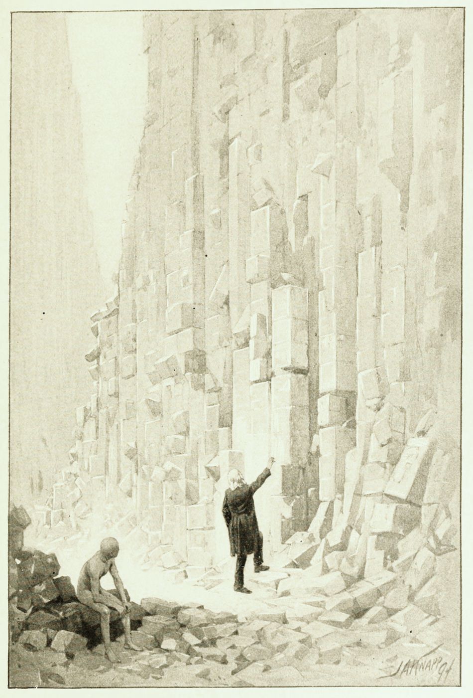 Vintage illustration of a man pointing at a crumbling wall with a distressed man seated in the foreground.