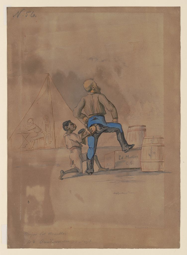 sepia-toned drawing of two figures and a tent