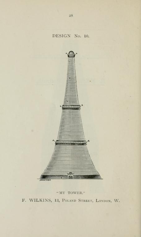 A vintage illustration of a tall, conical tower with detailed horizontal lines, labeled "MY TOWER" and attributed to F. Wilkins of London.