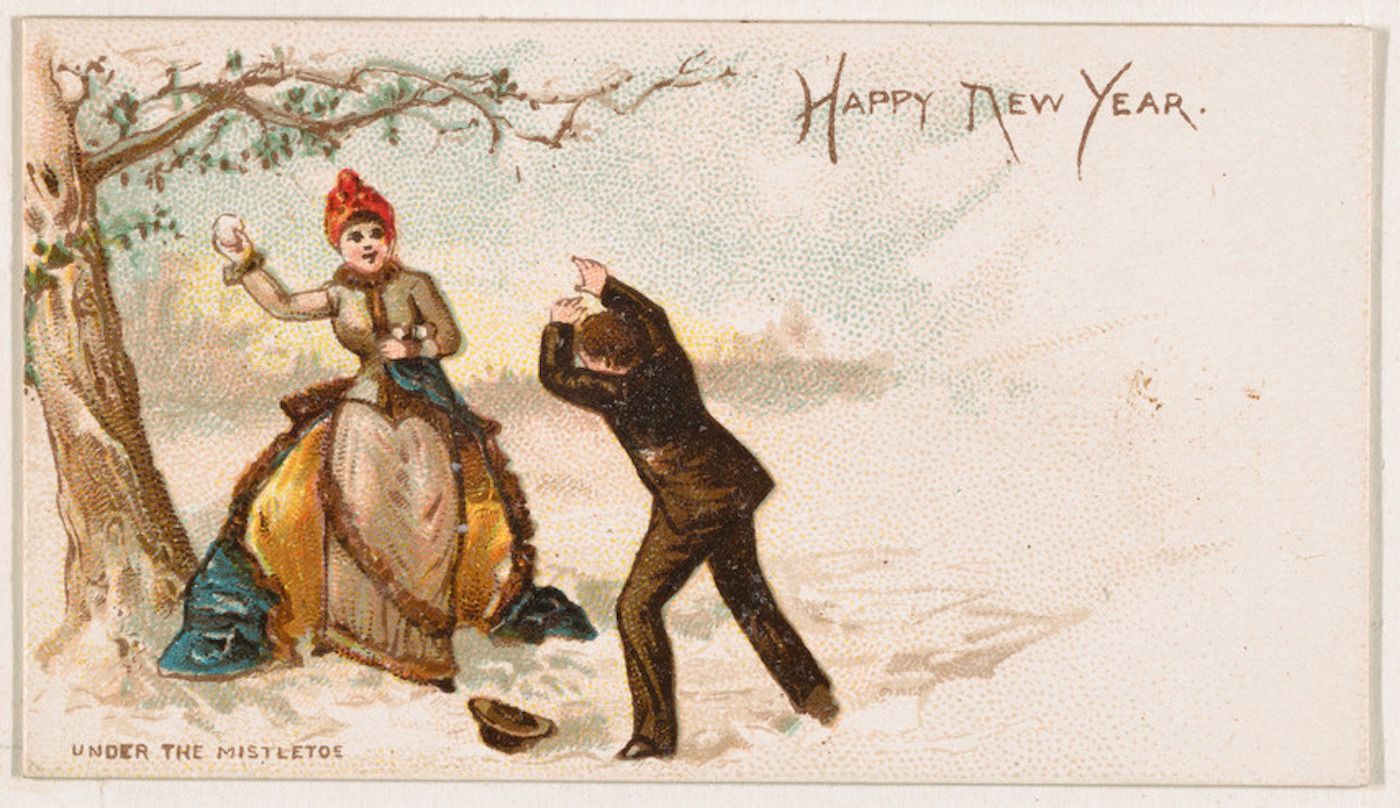Vintage New Year's card depicting a woman seated under mistletoe and a man attempting to avoid a kiss.