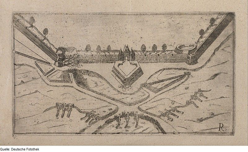 Historical illustration of a castle and its fortifications, viewed from above.