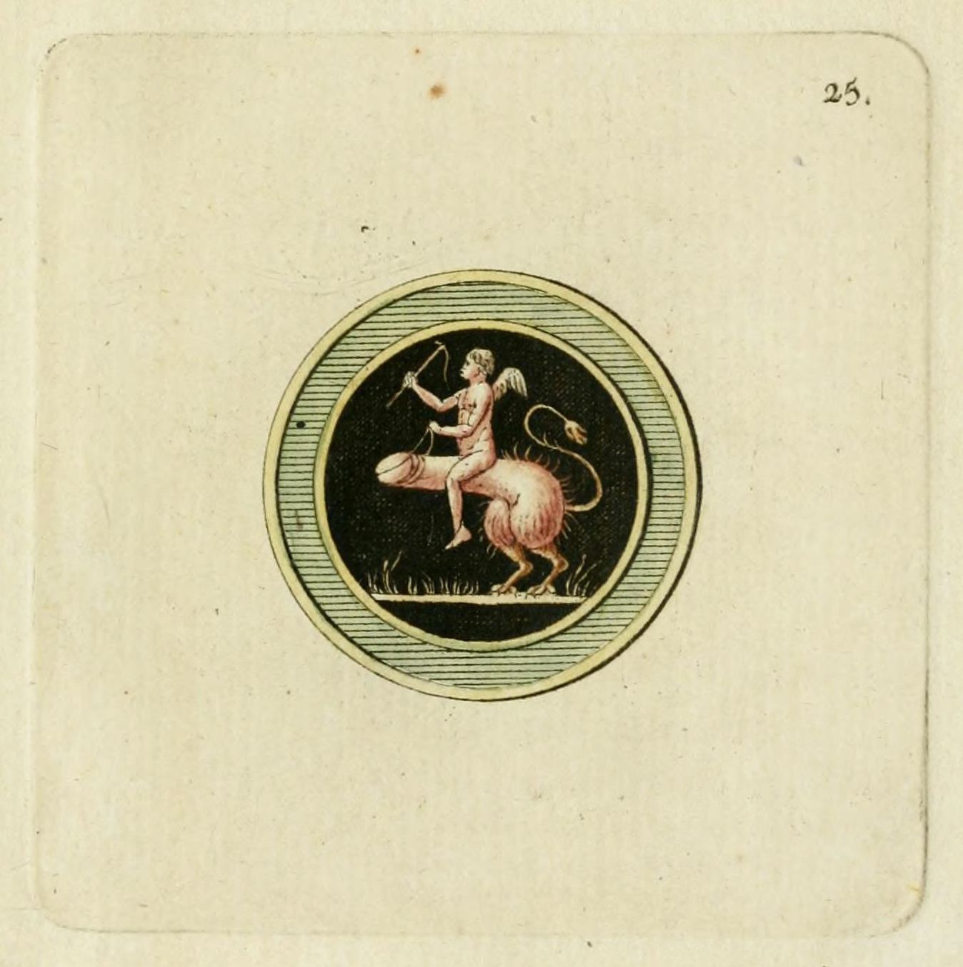 Vintage illustration of a winged centaur archer within a circular design.