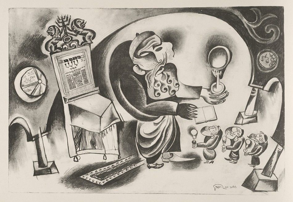Black and white illustration of an older man with a beard studying a book at a table, with four small figures offering him keys.