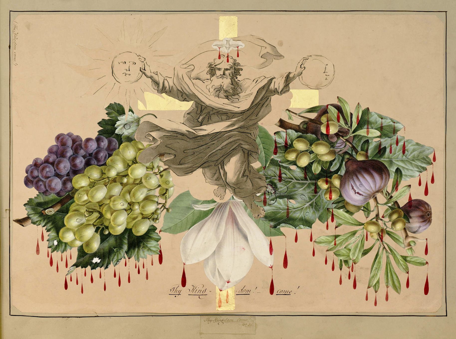 Vintage illustration of a central figure surrounded by grapes, figs, and falling droplets, with text and a golden object below.