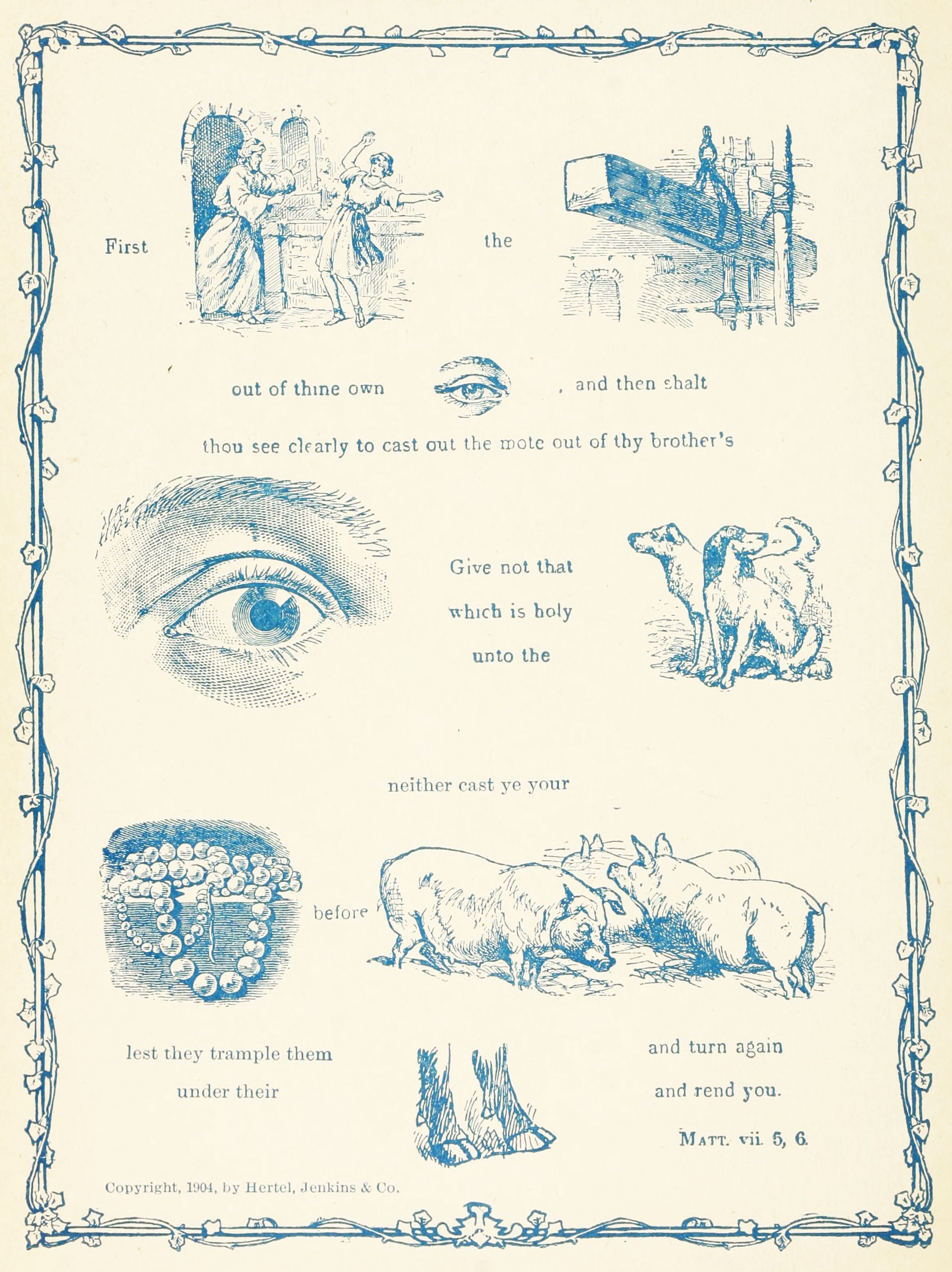 Vintage illustration with eye, sheep, pearls, swine, man, woman, and religious text.