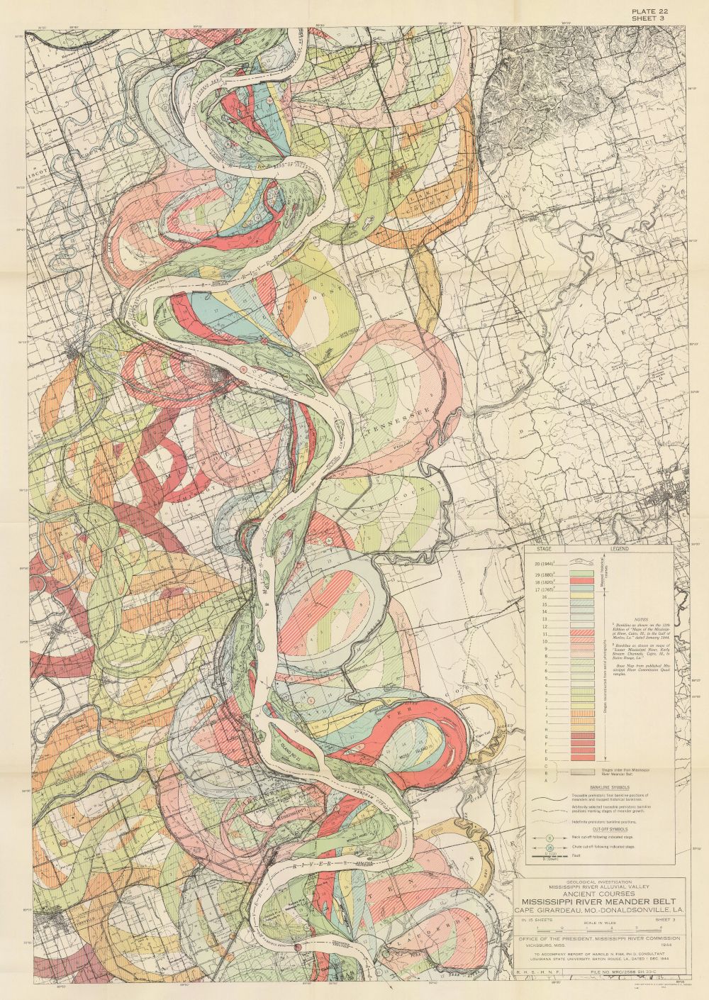 A vintage geological map of the Mississippi River Meander Belt, showing the river's course, floodplain, terraces, and other landforms in color-coded detail.