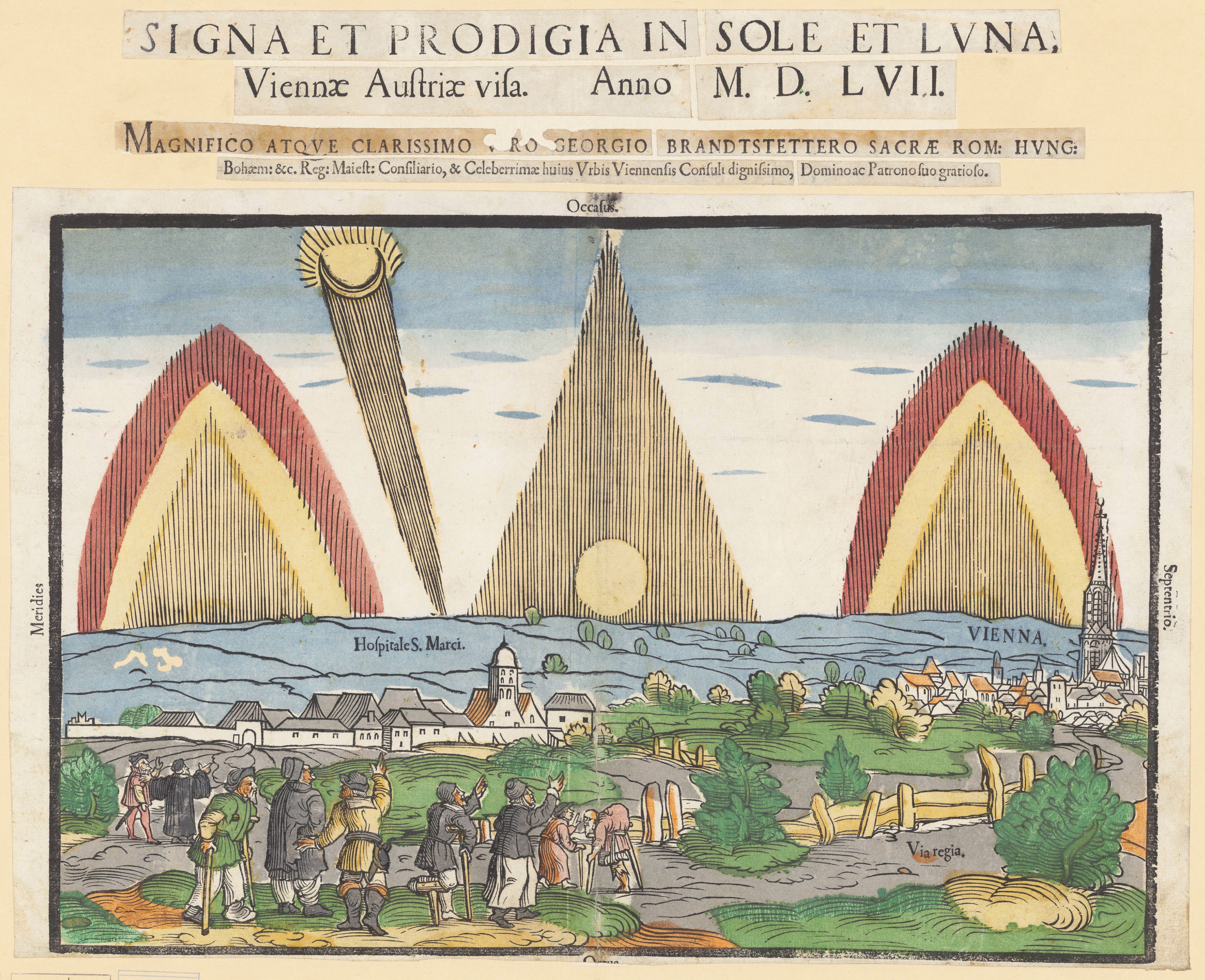 A hand-colored woodcut print from 1577 depicting a celestial phenomenon over Vienna, Austria. Two large, triangular columns of light extend from the sun and moon towards the city, while a crowd of people observes the event below.
