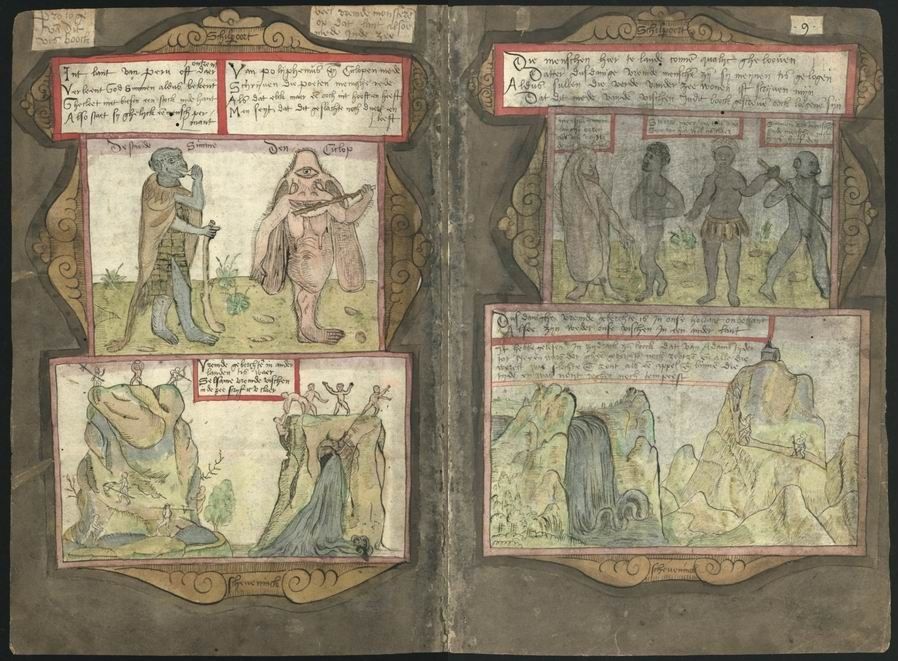 An open page from a medieval manuscript with six rectangular panels, each containing a black and white illustration of various figures and scenes.