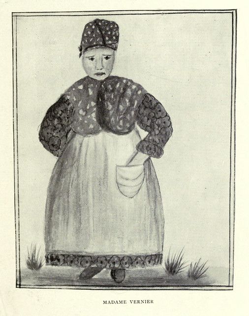 Black and white illustration of Madame Vernier, a woman in a long dress and hat, standing in a field of grass.