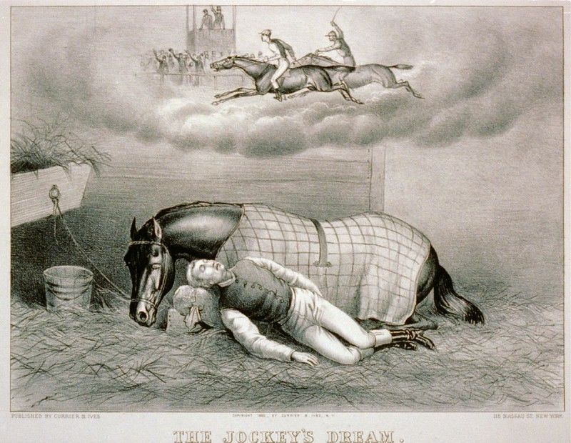 A black and white lithograph titled 'The Jockey's Dream' showing a fallen jockey and horse with a dream sequence of them racing above.